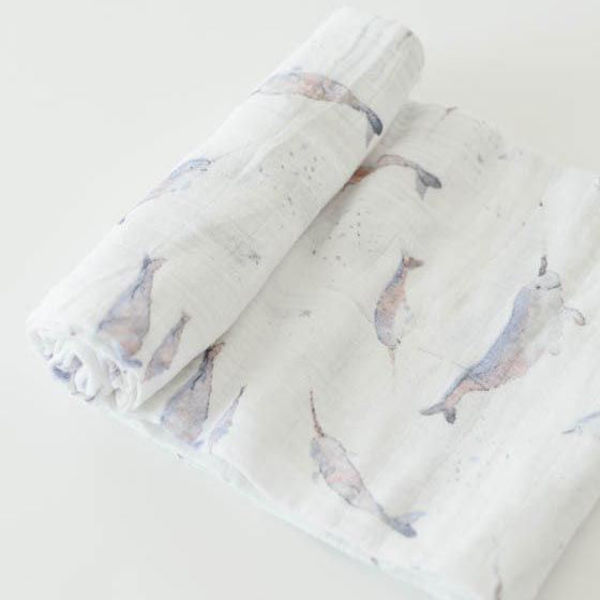 Picture of Cotton Muslin Swaddle Single - Narwhal by Little Unicorn
