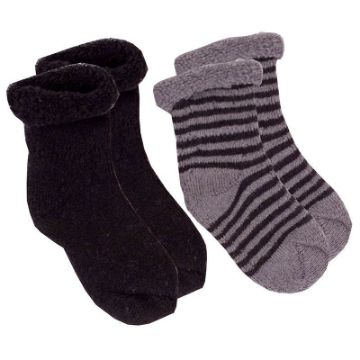 Picture of Newborn Socks Terry 2-Pack - Black Solid with Charcoal Stripe | by Kushies