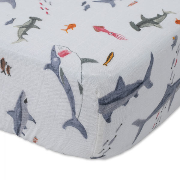 Cotton Muslin Crib Sheet Shark by Little Unicorn