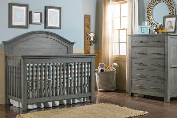 gray crib and dresser