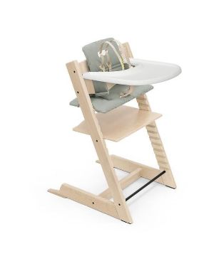 Picture of Tripp Trapp High Chair and Cushion with Stokke Tray - Natural with Glacier Green | by Stokke