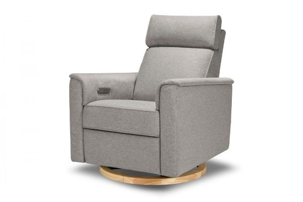 Picture of Willa Power Glider Recliner w/ adj. headrest & USB in Performance Grey Eco-Weave w/Light wood base | Monogram by Namesake